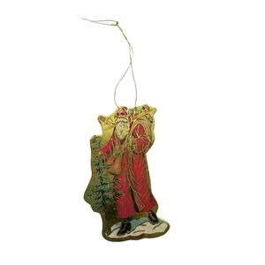 Vintage 1980s Retro Santa Gold Stamped Foil Die Cut Cardboard Nostalgic Ornament